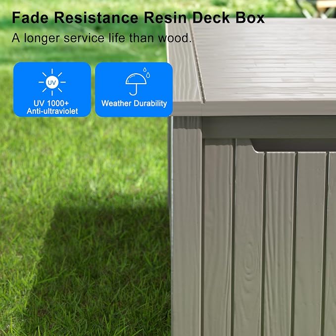 PatioZen 180 Gallon Outdoor Deck Box,Waterproof Resin Outdoor Storage Boxes, Outside Storage Lockable Container for Garden Tools,Indooor Cushions,Accessories (Grey)