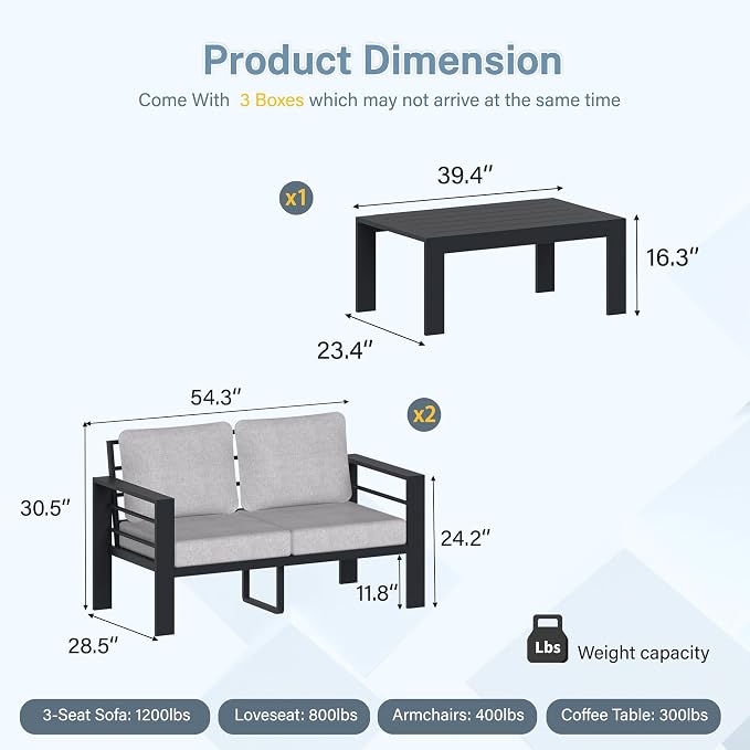 Aluminum Patio Furniture Set, 3 PCS Metal Oversized Outdoor Furniture Set Washable Thick Cushions, 4 Seat Patio Conversation Set with 3.54” Wide armrest and Coffee Table for Patio, Garden