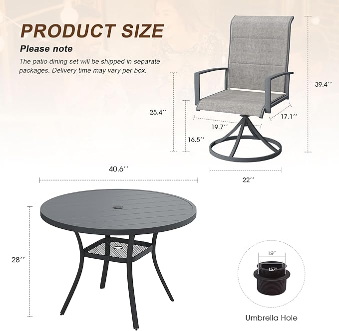VICLLAX 5 Pieces Outdoor Dining Set, Patio Furniture Set Includes 40.6" Round Metal Table W/ 1.9" Umbrella Hole and 4 Padded Textilene Swivel Chairs for Porch, Lawn, Garden, Backyard