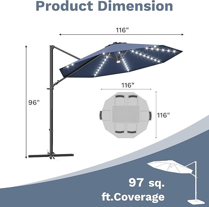 Devoko 10ft Solar LED Patio Umbrella, Round Cantilever Outdoor Umbrella with Solar Lights and 360-Degree Rotation, Large Hanging Offset Market Umbrella with Easy Tilt for Patio Deck Garden, Navy Blue