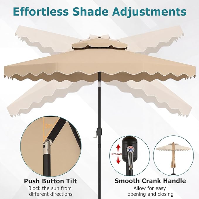 Happygrill 10 FT Patio Umbrella, Scalloped Outdoor Table Market Umbrella with Push Button Tilt & Crank, 2-Tier Vented Top, Heavy-Duty 8 Metal Ribs, Sun-Protective Canopy, Ruffle for Deck Pool Garden (Beige)