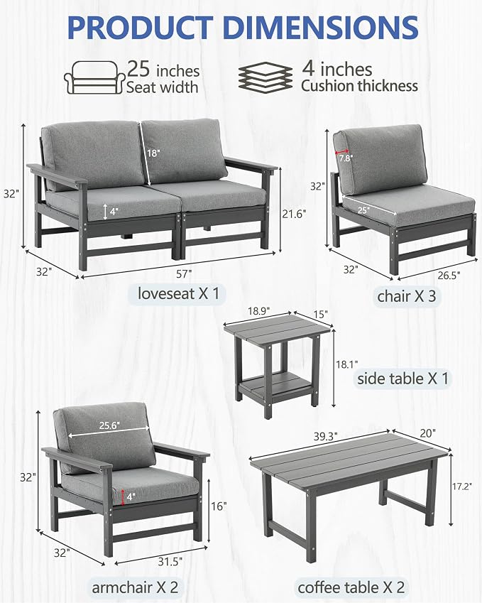 HDPE Outdoor Patio Furniture Set, 10-Piece Sofa Set with 5-Seat Couch, 2 Armchairs,Side Table & 2 Coffee Tables, Weatherproof Conversation Set with Cushions,for Garden, Porch & Backyard