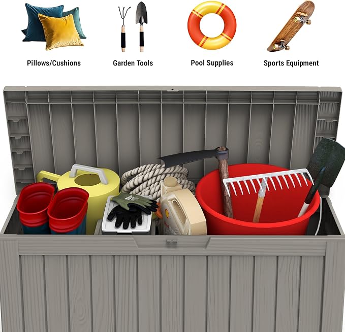 Mars Villa 72 Gallon Deck Box, Outdoor Storage Box Waterproof, Outside Resin Storage Bin for Patio Furniture Cushion, Pool Supply, Garden Tool, UV-Resistant and Weatherproof, with 4 Wheels, Greige