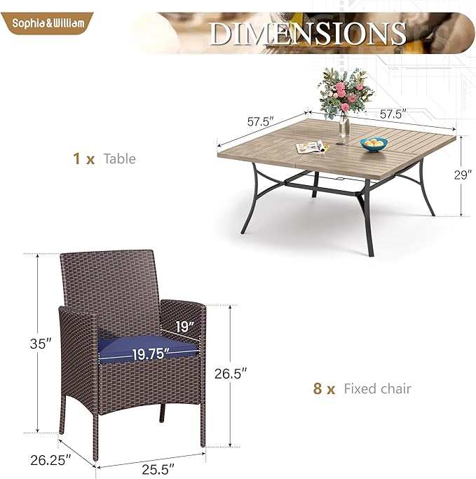 Sophia & William 9 Pieces Patio Dining Set for 8, All Weather Square Metal Patio Table and Wicker Chairs Set, Large Outdoor Dining Set for Outside, Teak Color Tabletop