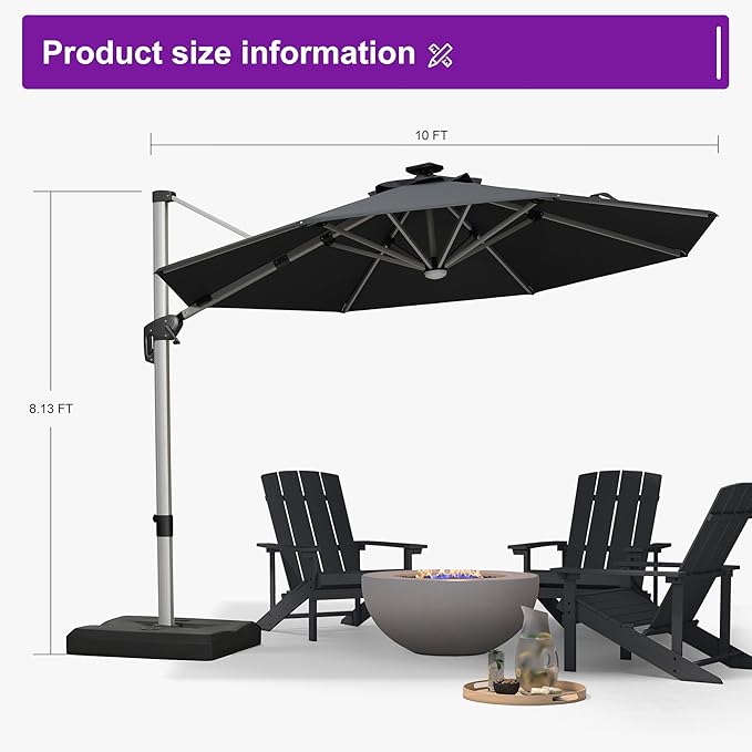 PURPLE LEAF 10ft Patio Umbrella with Lights Outdoor Round Cantilever Solar Powered LED Umbrella with 360-degree Rotation for Garden Deck Pool Patio, Grey
