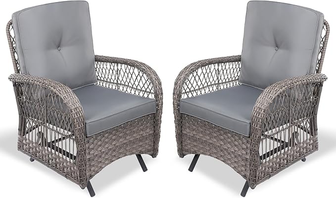VIVIJASON 2-Piece Outdoor Wicker Glider Rocking Chair, Patio Rattan Swing Glider Chairs with Cushions & Steel Frame, All-Weather Gliding Lawn Wicker Furniture for Garden Backyard Porch, Grey