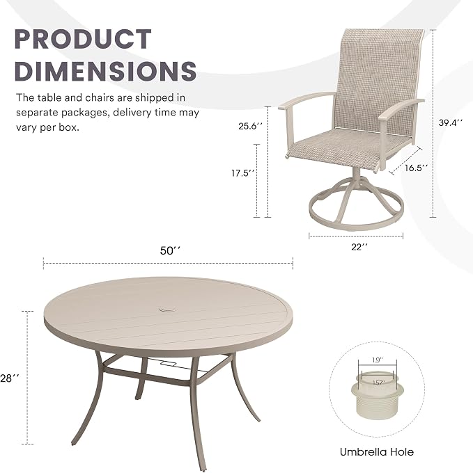 7 Pieces Outdoor Patio Dining Table Set, 50" All Weather Round Metal Table with Umbrella Hole and 6 High Back Textilene Swivel Chairs for Garden, Lawn, Poolside, Sandshell