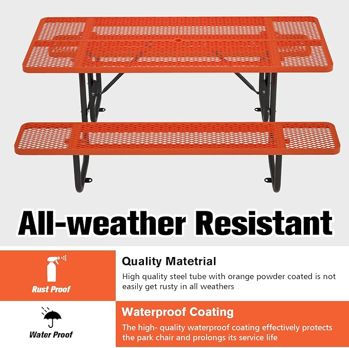 Picnic Tables for Outdoors with Umbrella Hole-Coated Steel Heavy Duty Commercial Grade Table with Seats,Commercial Metal Picnic Tables,Heavy Rectangular Furniture Set for a Lifetime (Orange)