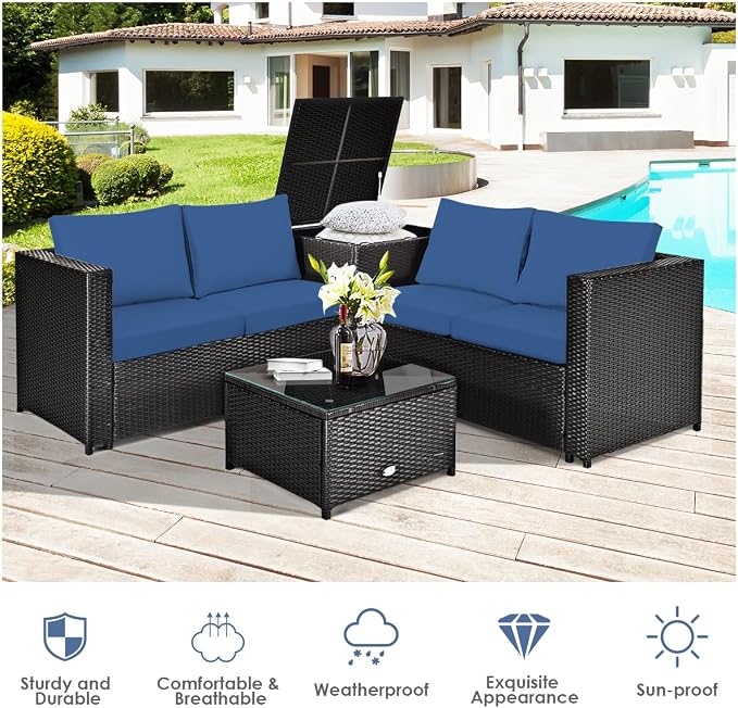 DORTALA 8 Pieces Outdoor Patio Furniture Set, Weather Resistant PE Rattan Conversation Set with 2 Loveseats, Outdoor Sectional Sofa Set with Comfy Cushions for Garden and Poolside, Navy