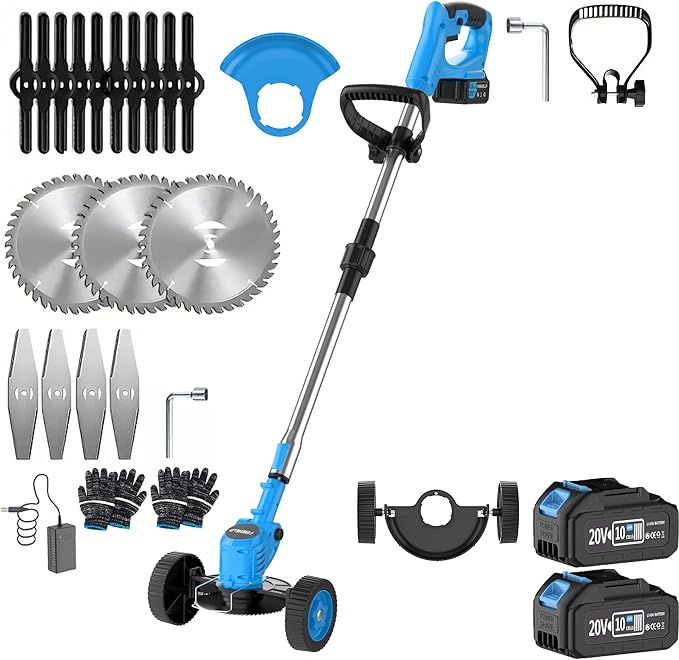 3-in-1 Cordless Weed Trimmer & Lawn Mower - Electric Trimmer, Edger, Bush Cutter with Adjustable Height (LawnMower-Blue-21V-DualBattery)