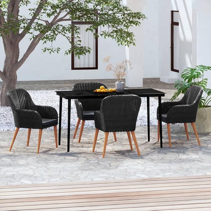 5-Piece Patio Dining Set, Black PE Rattan Outdoor Furniture Set with 55-Inch Rectangular Table and 4 Cushioned Chairs for Backyard, Garden and Balcony, 4 Person