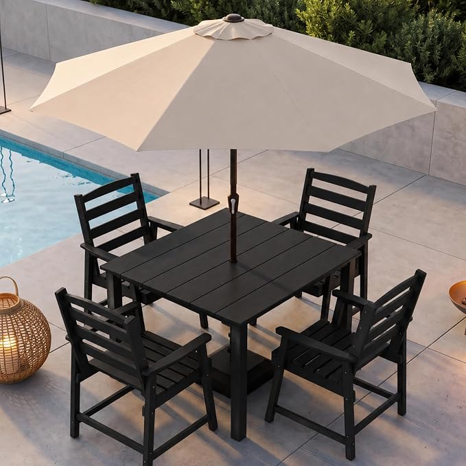 HDPE Outdoor Dining Set for 4 with 10FT Umbrella, Black | All-Weather HDPE, Wood Grain Finish, 42.5" Square Table, Built-In Umbrella Hole, Seats 4, Patio & Poolside Ready