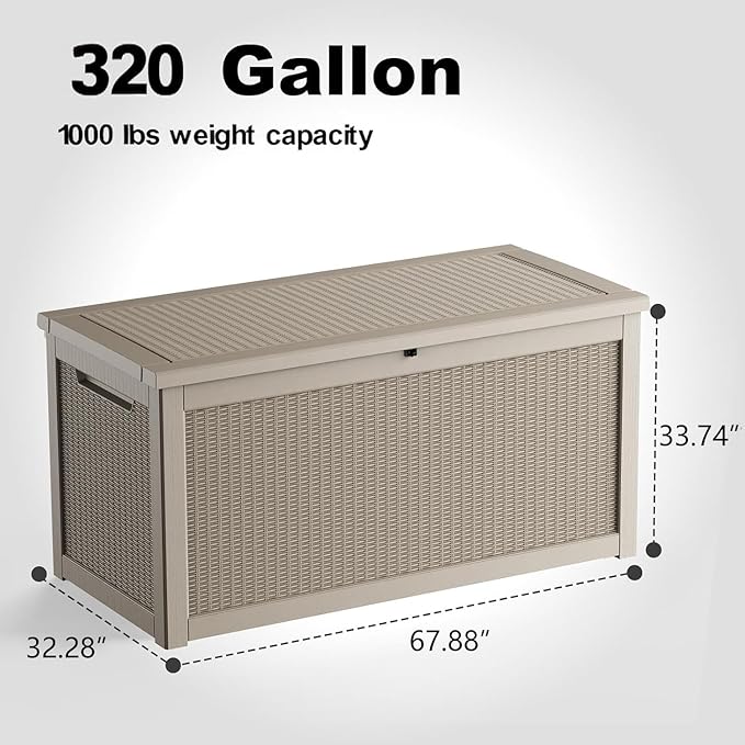 DRATO 320 Gallon Deck Box, Outdoor Large Waterproof Resin Storage Box with Lockable Lid for Patio Cushions, Gardening Tools (Gray, 320 Gallon)