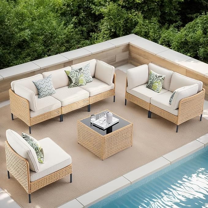 Belord Large Outdoor Sectional 7-Piece, Boho Patio Sets for Outside with Coffee Table, All-Weather Waterproof Wicker Patio Furniture