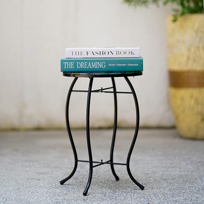 Peacock Patio Side Table, Small Patio Outdoor Side Table, Plant Table,Metal Glass End Table for Porch Garden Yard Pool.