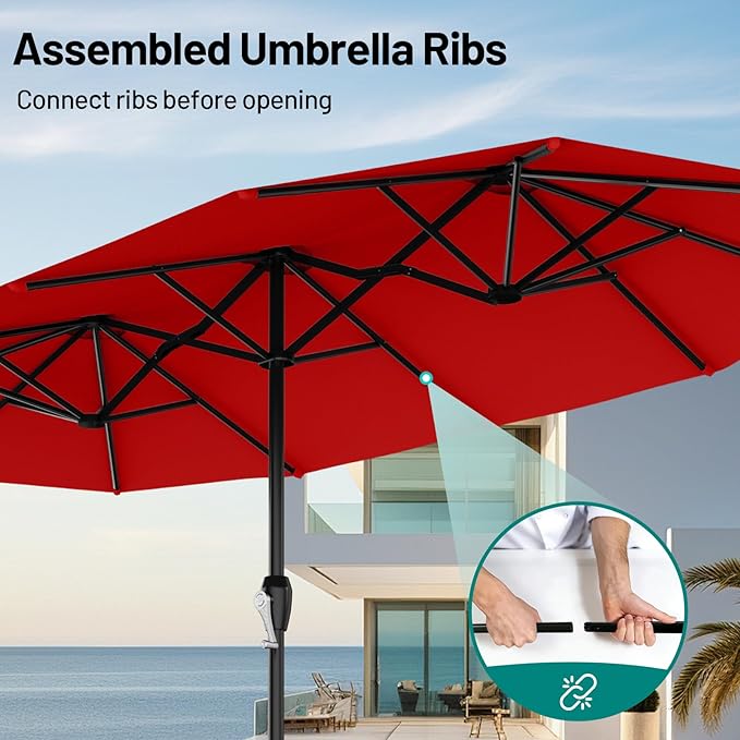 AreShark 15ft Patio Umbrella with Base, Double Sided Outdoor Umbrella with 12 Fiberglass Ribs, Large Outdoor Umbrella for Garden, Pool, Deck, Backyard & Market, Red