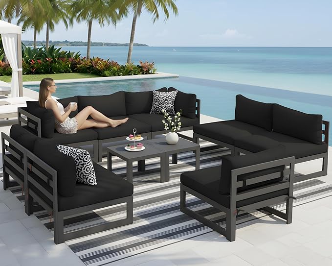 NICESOUL 10 Piece Oversized Modular Aluminum Outdoor Furniture Set, 29" Deep Wide Sectional Seating, 500 lbs High Weight Capacity Weather Resistant Patio Conversation Set for Backyard Poolside, Black