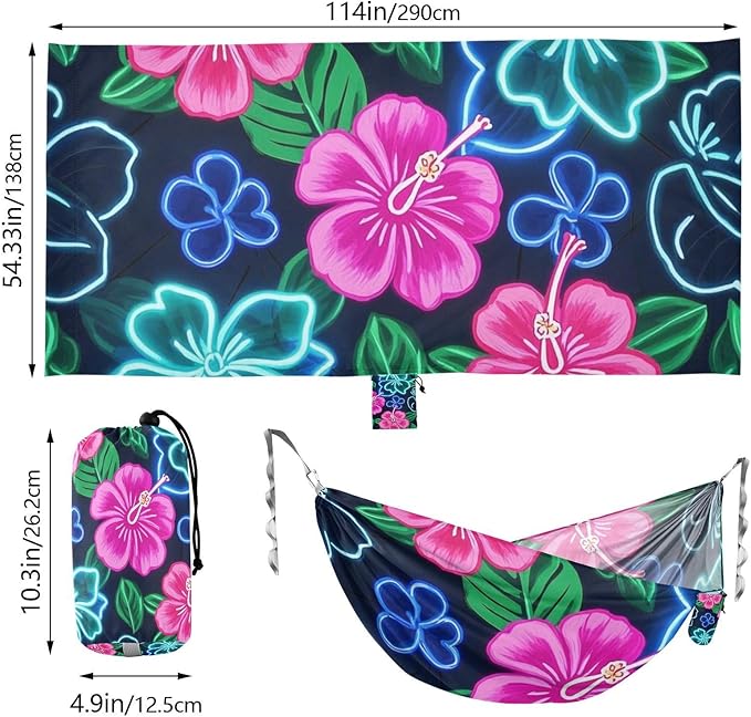 Summer Neon Hibiscus Frangipani Flower 330lb Capacity Outdoor Hammock with Hanging Ropree Hammock for Outside Patio Backyard Poolside hamaca inflable para Piscina