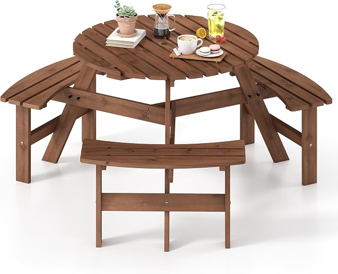 Tangkula 6-Person Wood Picnic Table, Outdoor Round Table and Bench Set with 3 Built-in Benches, Umbrella Hole, Perfect for Outside, Patio, Garden, Backyard, Porch (6-Person,Brown)