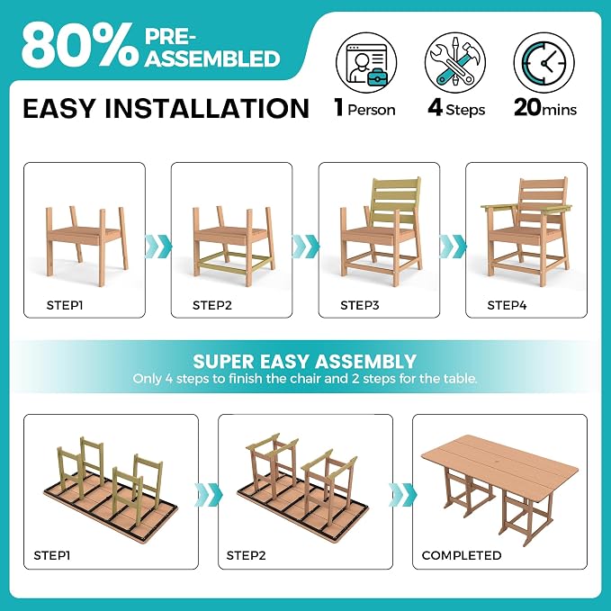 7-Piece Dining Set, HDPE Table & 6 Chairs,Cedar | HDPE Dining Set: 69.1" Table + 6 Chairs, 380 lbs, 304 Stainless, All-Weather, No Rust No Crack, Outdoor Patio Garden