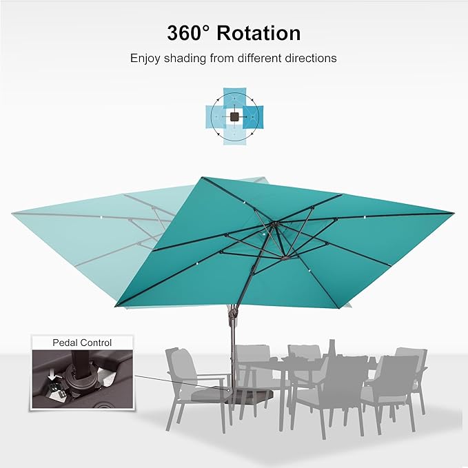 PURPLE LEAF 10' X 13' Patio Cantilever Umbrella with Base Rectangle Umbrella Outdoor with Aluminum Offset Antique Bronze Hanging and 360° Rotation for Pool Garden Deck Patio, Turquoise