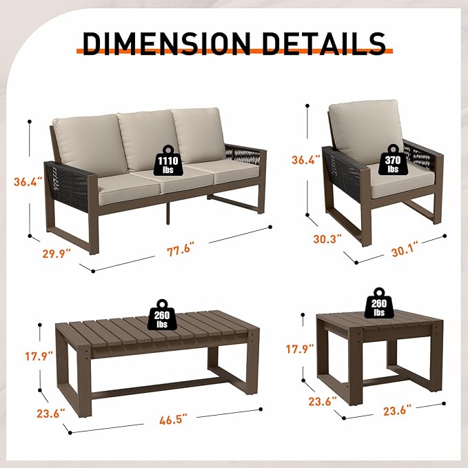 Rustic Hideaway Natural Cedar Wood Outdoor Furniture Set, Wicker Patio Conversation Set for Porch Garden Backyard, Couch, Patio Chairs, Tables, 5 Piece, Brownish/Beige
