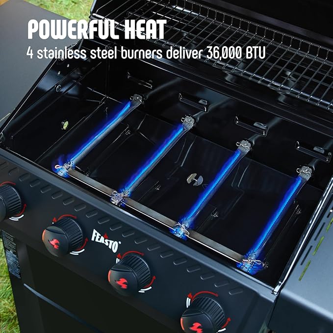 Feasto 4-Burner Gas BBQ Grill with Side Tables, 36,000 BTU Outdoor Propane Grill with Premium Enameled Coated Chamber Body & Porcelain-Enameled Stamped Grates for Deck Party & Patio BBQ, Black