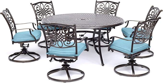 Hanover Traditions 7-Piece Patio Dining Set with 60" Round Cast-Top Table and Swivel Rockers with Blue Cushions, Patio Dining Set for 6, Premium Weather Resistant Outdoor Dining Set