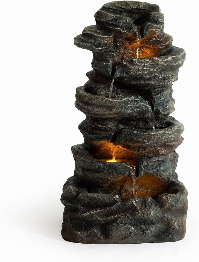 6-Tier Outdoor Cascading Stone Water Fountain with 3 LED Lights, Freestanding Led Fountain Decor for Garden, Patio, Yard & Deck, Natural Rock Appearance