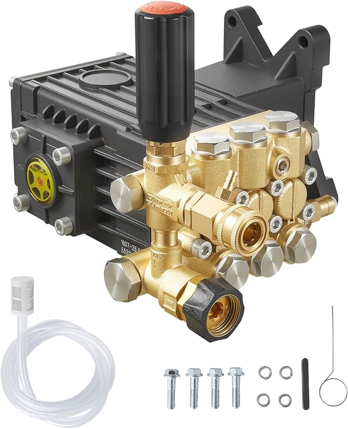 VEVOR Pressure Washer Pump, 1" Shaft Horizontal Triplex Plunger, 3600 PSI, 3.7 GPM, Replacement Power Washer Pumps Kit with Siphon Tube, Hardware, Compatible with Simpson MorFlex 40224, 40225, 40226