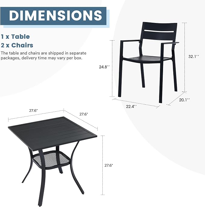 DIFY 3 Pieces Outdoor Patio Dining Set for 2, 27.6" Small Square Metal Dining Table and 2 Patio Stackable Chairs with Metal Frame, Outdoor Table and Chairs for Garden Porch, Black