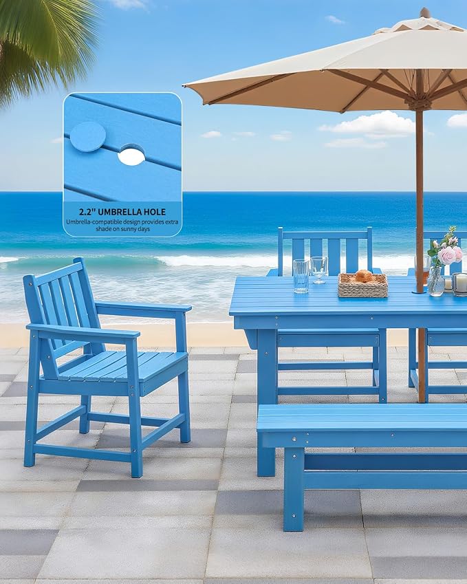 Outdoor HDPE Dining Table Set, 6-Piece Outdoor Patio Dining Sets with Umbrella Hole Table and 1 Bench and 4 Chairs for Backyard, Deck, Garden and Poolside, Blue