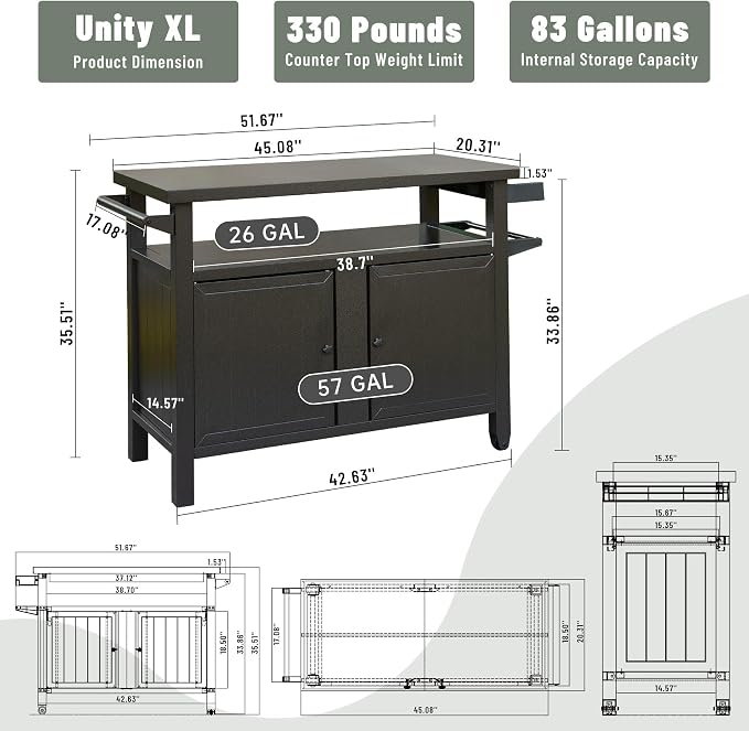 Metal Outdoor Storage Box and Grill Prep Cart with Wheels, 83 Gallon Deck Box for Patio Organization and BBQ Tool Storage, Lockable Cabinet for Garden Supplies, Brown, 51.67 x 20.31 x 35.51 Inches