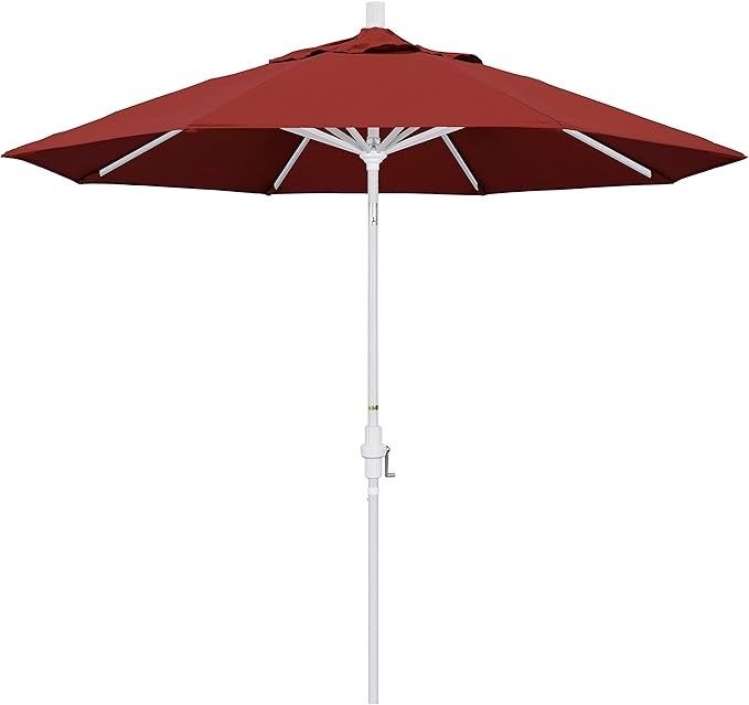 California Umbrella 9' Round Aluminum Patio Umbrella, Crank Lift, Collar Tilt, White Pole, Terracotta