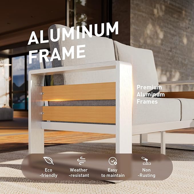 Aoxun Aluminum Patio Furniture Set, 4 Seats Luxury Metal Patio Conversation Sets with Coffee Table, Thick Cushions and Waterproof Cover, Modern Outdoor Furniture Set for Backyard/Poolside, Light Grey
