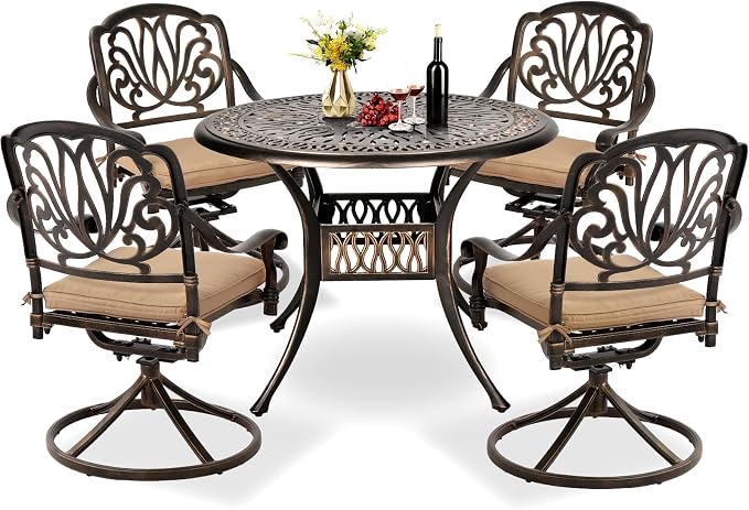 TITIMO 5-Piece Outdoor Patio Dining Set, All-Weather Cast Aluminum Furniture Patio Conversation Set 4 Swivel Chairs and 35.4" Table w/Cushions and Umbrella Hole for Backyard Garden Deck (Khaki)