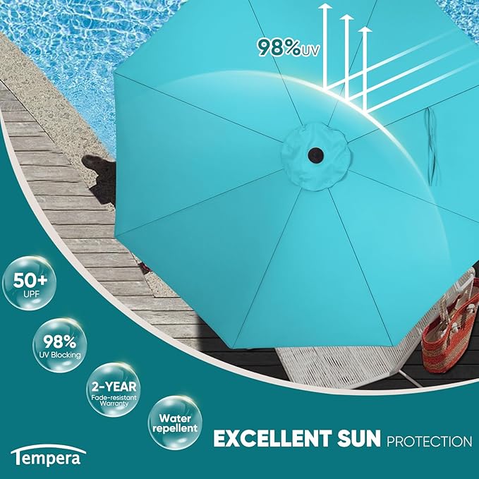 Tempera Patio Market Outdoor Table Umbrella with Auto Tilt and Crank, Large Sun Umbrella with Sturdy Pole & Fade Resistant Canopy, Easy to Set