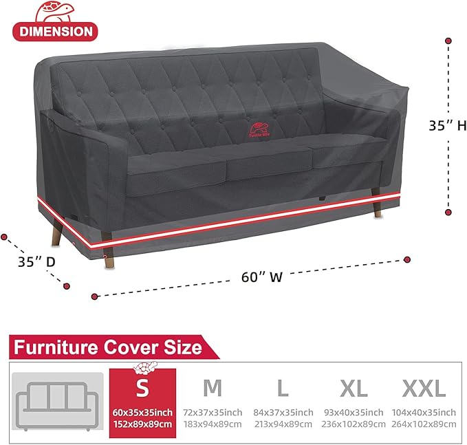 Turtle Life Patio Sofa Cover, Outdoor Heavy Duty Durable UV Water Resistant Anti-Fading Loveseat Cover with 2 Upgrade Air Vents and 2 Buckles, Black, 60" W x 35" D x 35" H