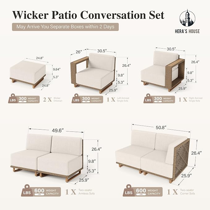 HERA'S HOUSE Patio Sectional Furniture Set, 8 Pieces Outdoor Yellow Rattan Wicker Sofas, Modular Deep Seating Conversation Set with 10" Thick Cushion, Low Profile Deck Yard Lawn Furniture