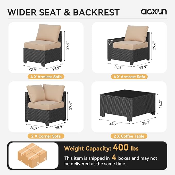 Aoxun Patio Furniture Set, 12 Pcs Outdoor Patio Furniture Sets with 4 in Thicken Cushion, Widen Armrests Wicker Outdoor Sectional for Backyard (Waterproof Cover Include)