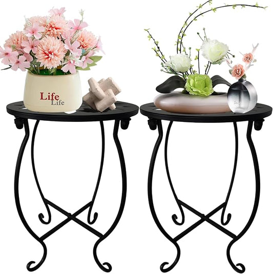 MINI Outdoor Side Tables, 10" Round 15" Tall Patio Side Table Plant Stand, Set of 2 Metal Small Round Side Table for Patio Yard Porch Balcony Garden Bedside Indoor Outdoor Use