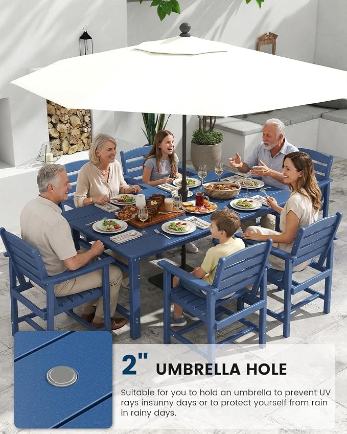 FOOWIN Outdoor Table and Chairs Set 7-Piece HDPE All Weather Patio Dining Set with Umbrella Hole,Outdoor Patio Furniture Dining Set for 6,Patio Kitchen Table Set for Garden,Backyard,Poolside Blue