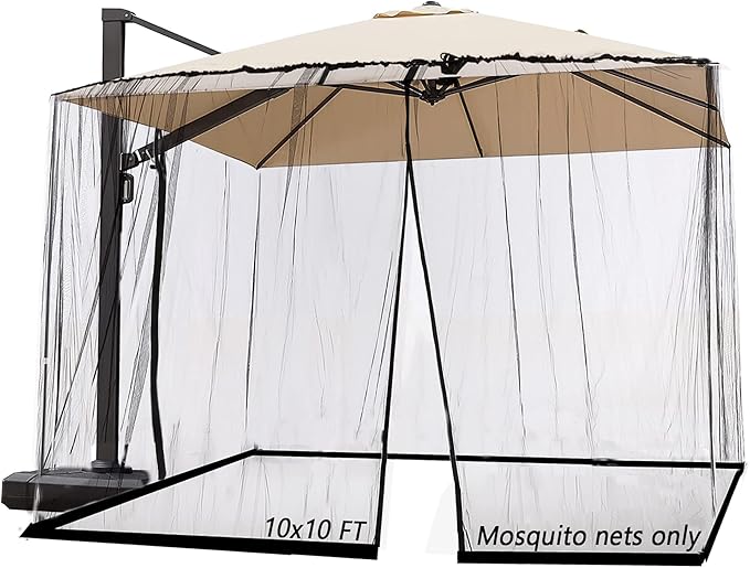 10ft Patio Mosquito Netting Patio Umbrella Cover Mosquito Netting Screen,Windproof Mosquito with Zipper Portable Foldable Umbrella Mosquito Net（10'10'7.6'） (Black)