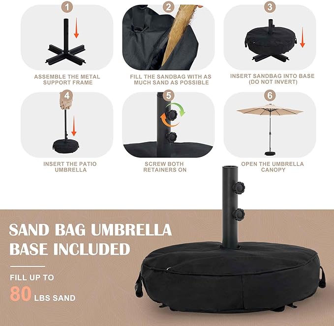 Sundale Outdoor 10 ft Patio Umbrella with Sand Bag Umbrella Base Included, Outdoor Umbrella with Tilt and Crank, Tan