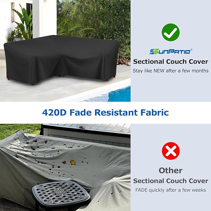 SunPatio Outdoor Sectional Sofa Cover, 420D Waterproof V-Shaped Furniture Couch Covers with Drawstrings and Straps, All Weather Protection, 100" W (on Each Side), Black
