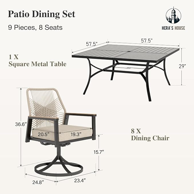 HERA'S HOUSE 9pc Patio Dining Set, 57.5" Metal Table & Swivel Rattan Chairs | Square table with umbrella hole, 8 cushioned chairs. Waterproof, rust-resistant, all-weather for backyard, porch.
