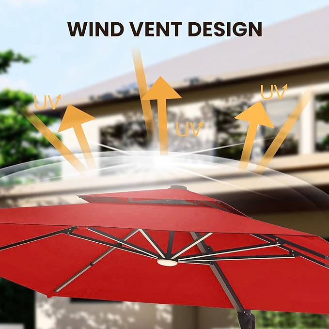 9 X 12 FT Cantilever Patio Umbrella with Led Lights Outdoor Heavy Duty Double Top Rectangle Offset Umbrellas with 360-degree Rotation for Pool Deck Backyard, Wine Red
