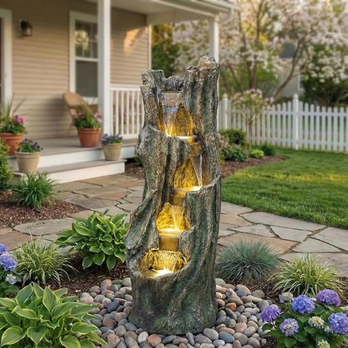 Outdoor Tree Waterfall Fountain with LED Lights,Freestanding Tree Design Garden Water Feature,Polyresin Construction,Easy Setup for Patio Backyard Lawn Porch