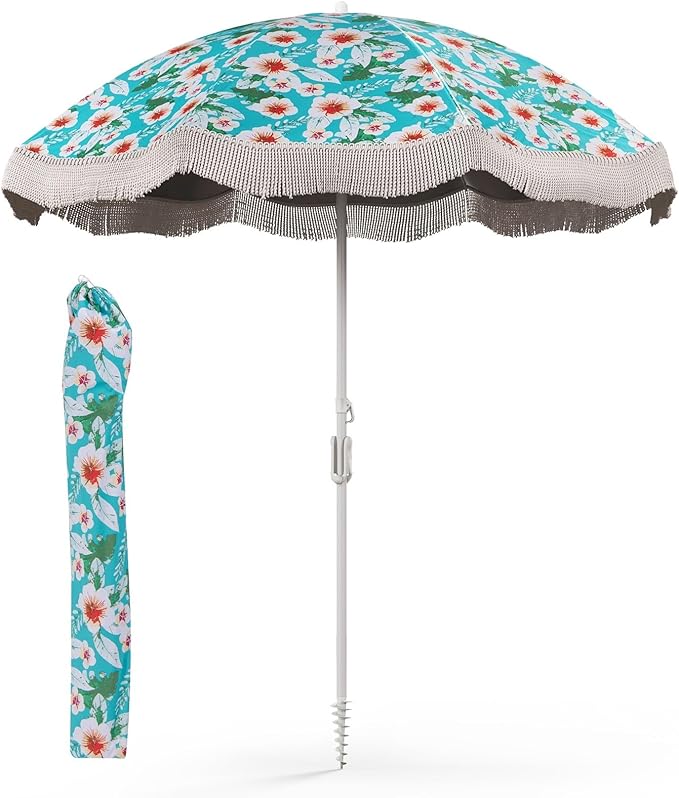 6.5 FT Outdoor Fringe Umbrella, UV 50+ Protection Boho Umbrella with Sand Anchor, Tilt Sun Shelter& 8 Ribs, Portable Beach Umbrella with Carry Bag, Vintage Patio Umbrella for Deck Poolside