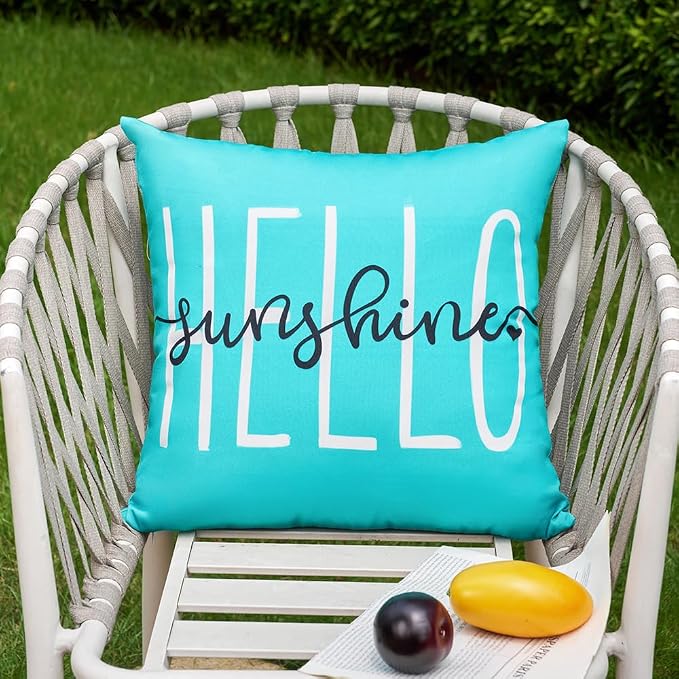 DFXSZ Blue Green Outdoor Waterproof Pillow Covers 20x20 Set of 2 | Hello Sunshine Decor Spring Summer Polyester Pillow Covers(NO INSERTS)| Decor for Patio Funiture Garden Sofa Couch